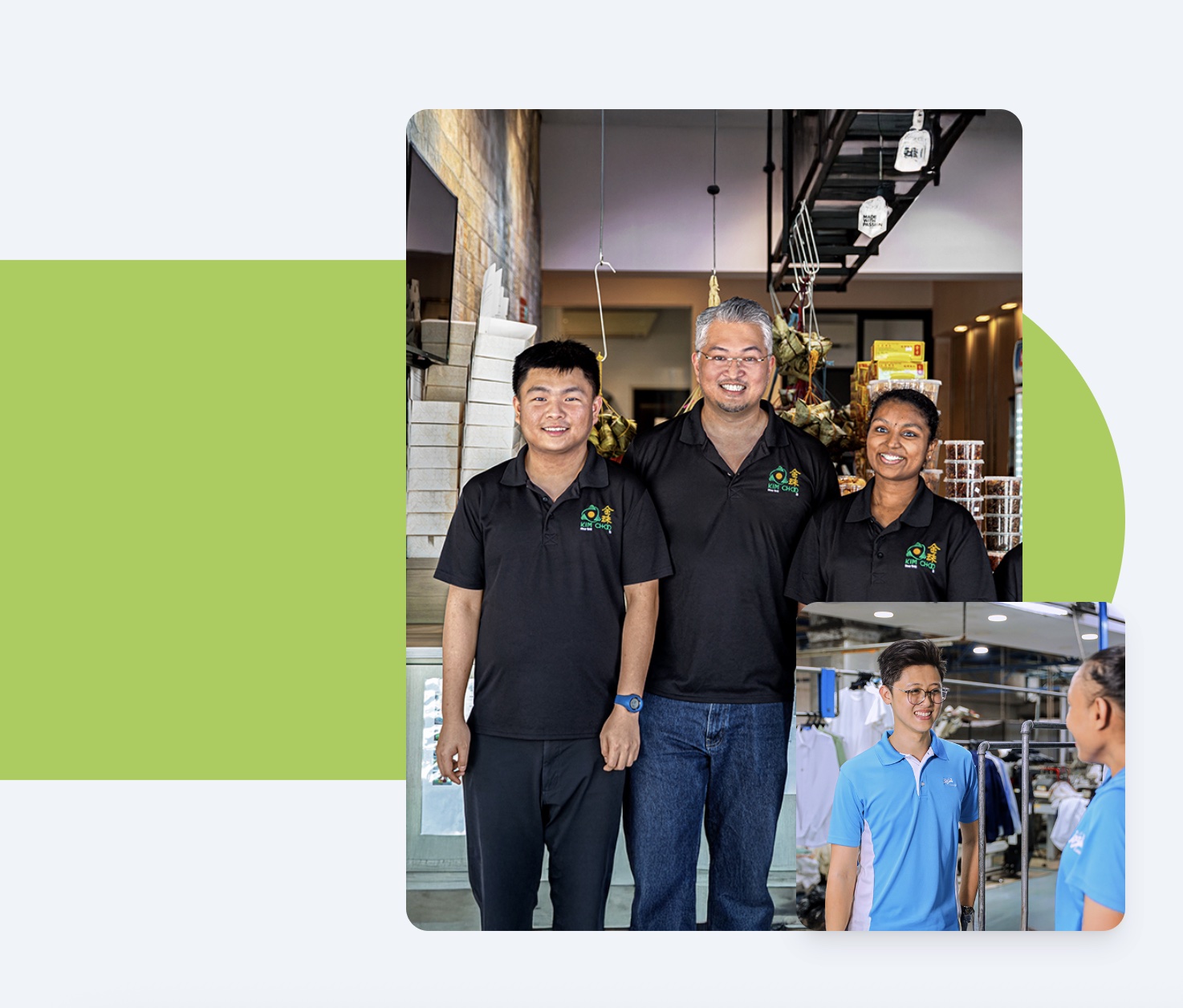 Staff at Kim Choo Kueh Chang smiling together behind their shop counter, with Flash Laundry employees talking on the workshop floor inset